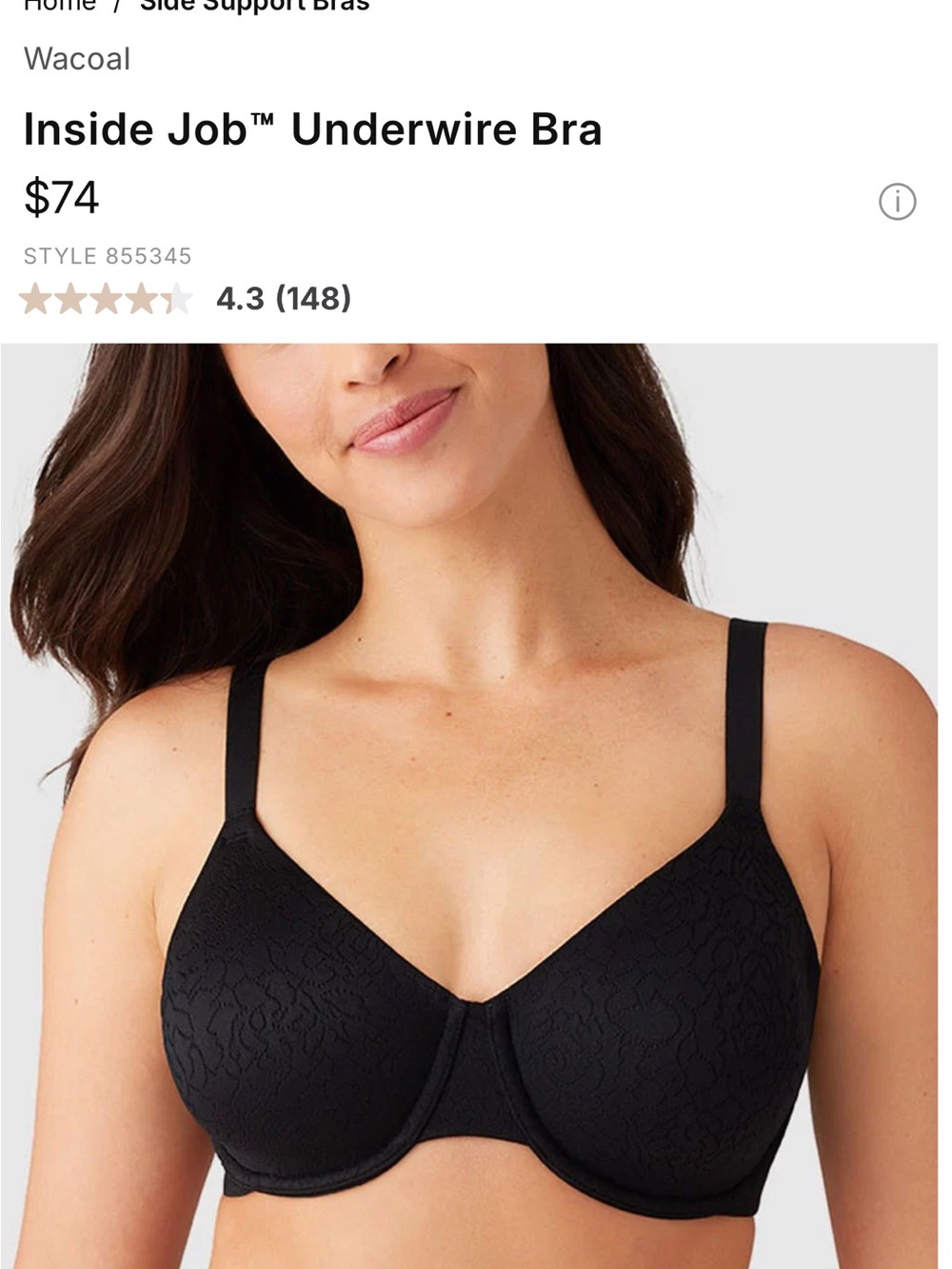 Wacoal Inside Job Side Support Underwire Bra Black 34DDD